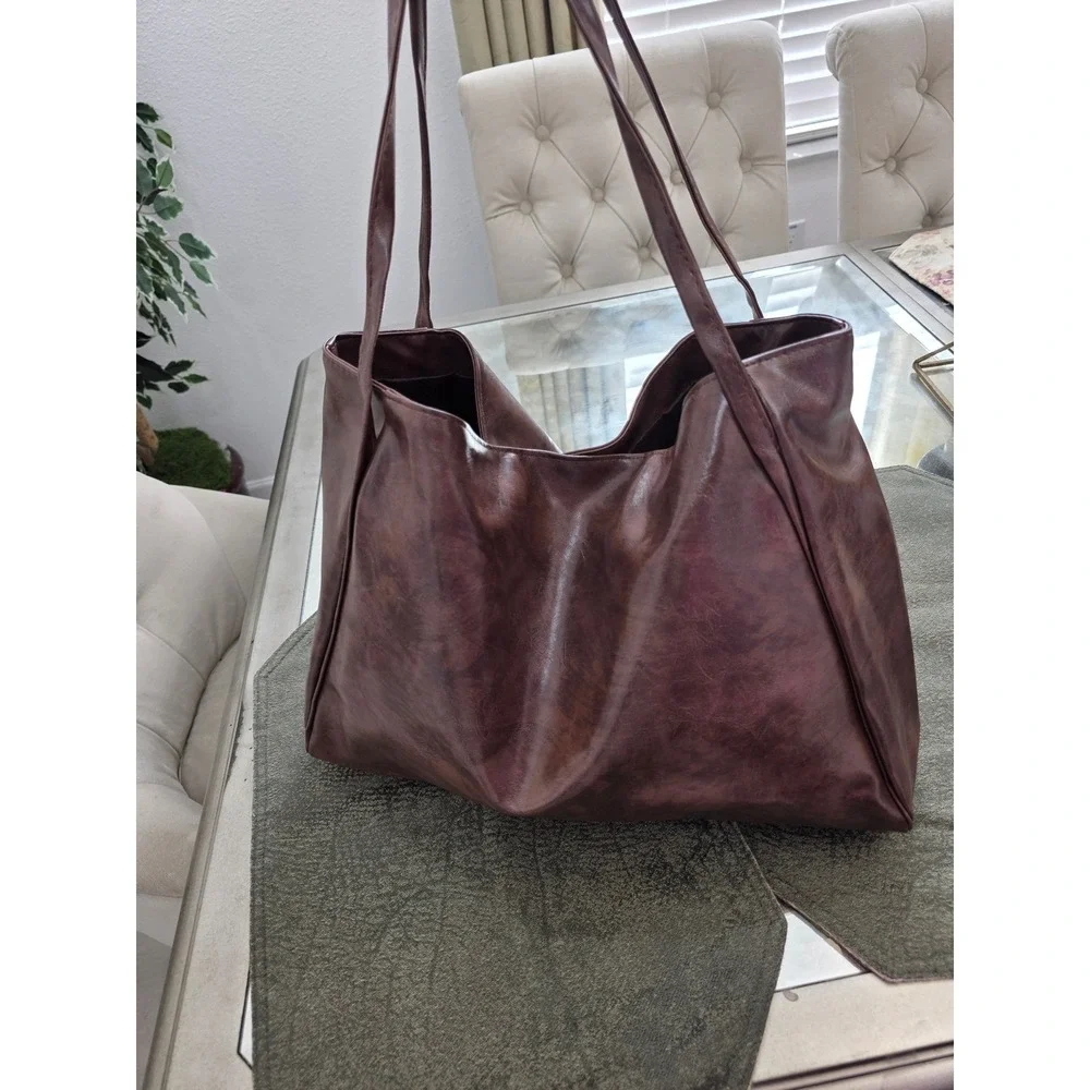 Brown Faux Leather Hobo Bag Large Capacity Everyday Shoulder Tote Bag